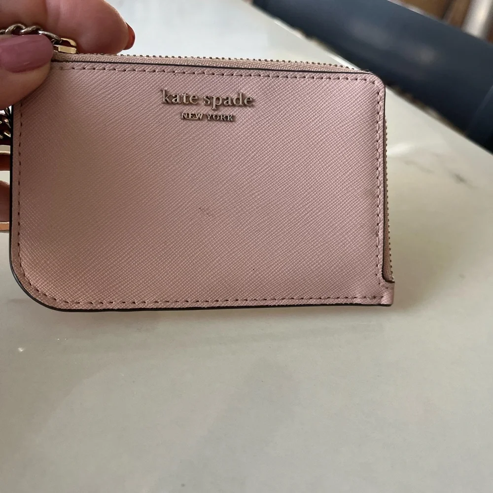 kate spade light pink Saffiano leather card case with chain